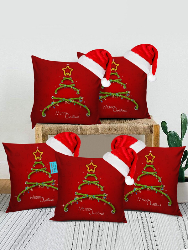 Red & Green Set of 5 Graphic Printed Square Cushion Covers with Santa Cap