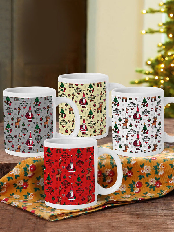 Set of 4 Multicoloured Christmas Printed Ceramic Coffee Mugs & Cups