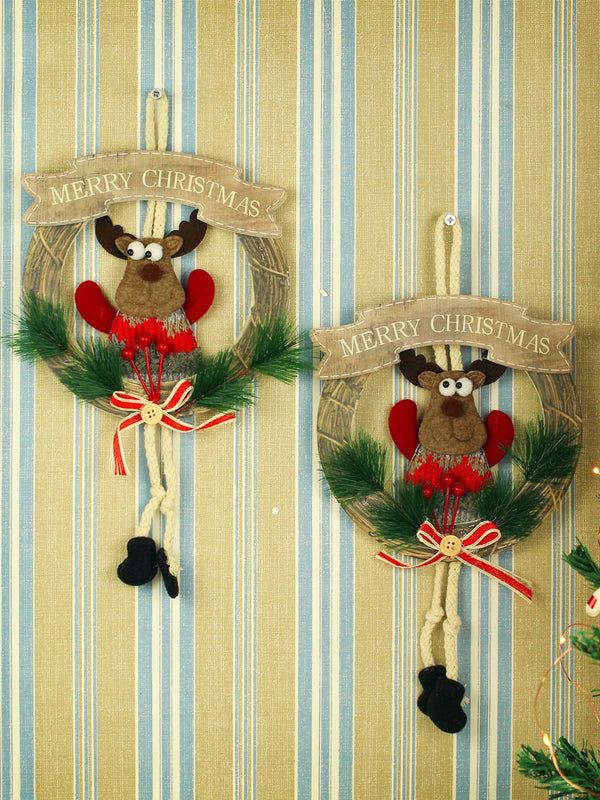 Set Of 2 Red & Green Christmas Reindeer Wall Door Wreath Hanging Ornaments