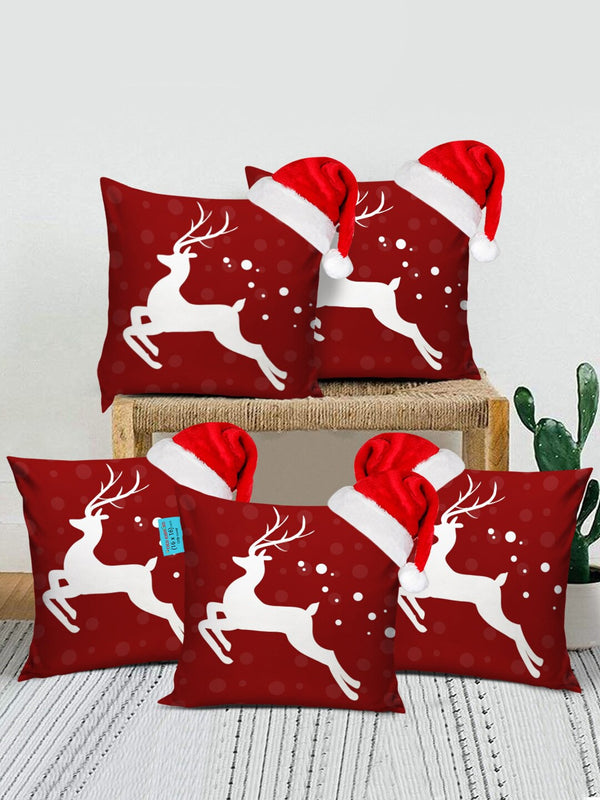 Christmas Maroon & White  Set of 5 Graphic Printed Square Cushion Covers With Santa Caps size (16"X16)"