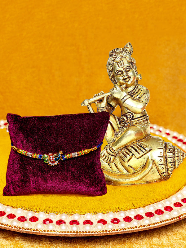 Rakhi for Brother with Gift Set Bhai Rakhi Set for Brother with Idol Figurine, Mini Greeting Card and Roli Tika