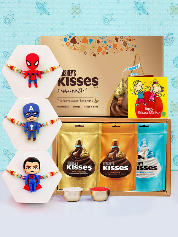 Rakhi for Kids with Chocolates Gift Pack - Set of 3 Premium Kids Rakhi with Hersheys Kisses Chocolates Gift Pack