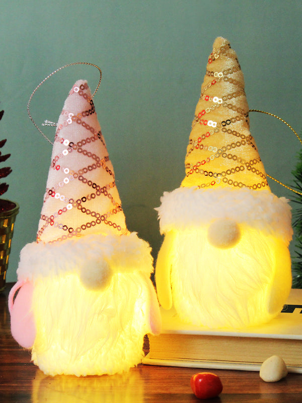Set of 2 Battery Operated Gnomes Plush Doll Christmas Tabletop Ornament ( Yellow & Pink )
