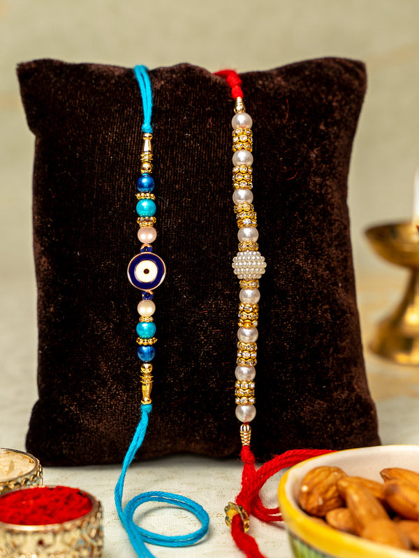 Rakhi for Brother Set of 2 - Premium Evil Eye Pearl Rakhis for Men Brother Bhaiya Kids Boys with Greeting Card and Tikka - Bracelet Rakhi for Brother