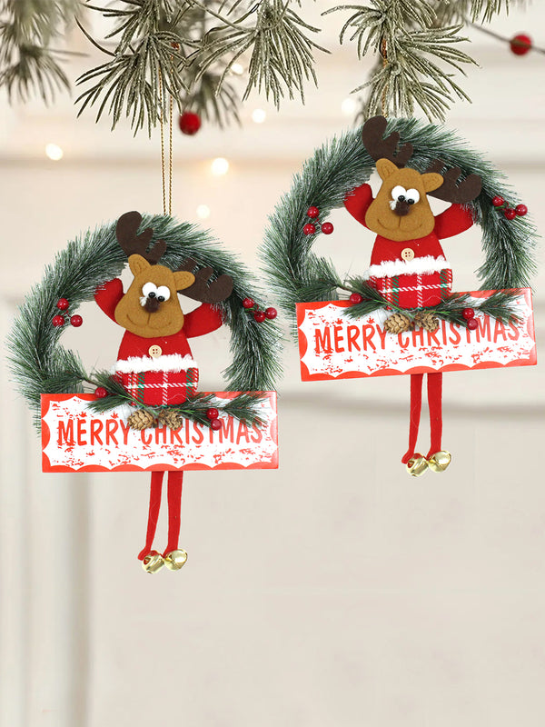 2-Pcs Red & Green Merry Christmas Reindeer Wreath Wall Door Hanging Ornaments