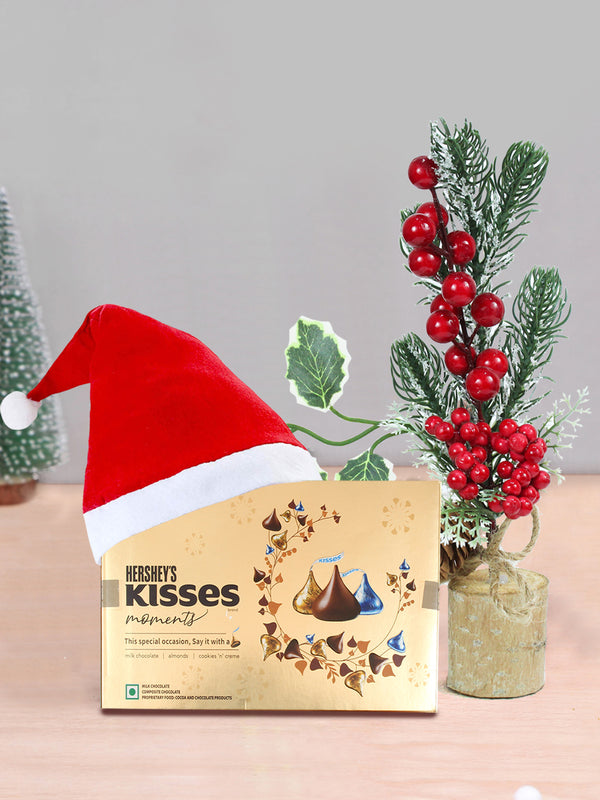 Christmas Hersheys Kisses Chocolate  Gift Hamper with Xmas Mini Table Tree Small Cap and Greeting Card