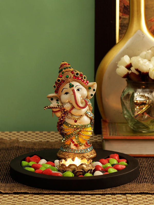 Cream-Coloured & Yellow Ganesh Idol Playing Bansuri Showpiece