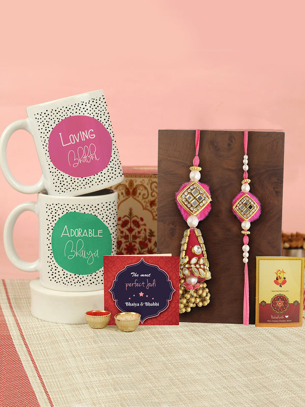 Designer Lumba Rakhi and Brother Rakhi with 2 Pcs Printed Mug