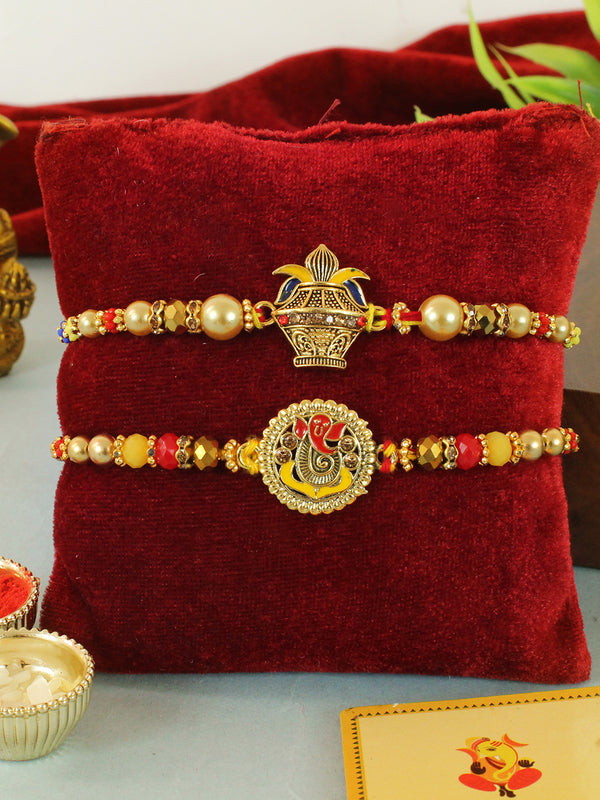 Set of 2 ( Kalash & Ganesha ) Rakhi | Wishes Card | Roli Chawal Tika