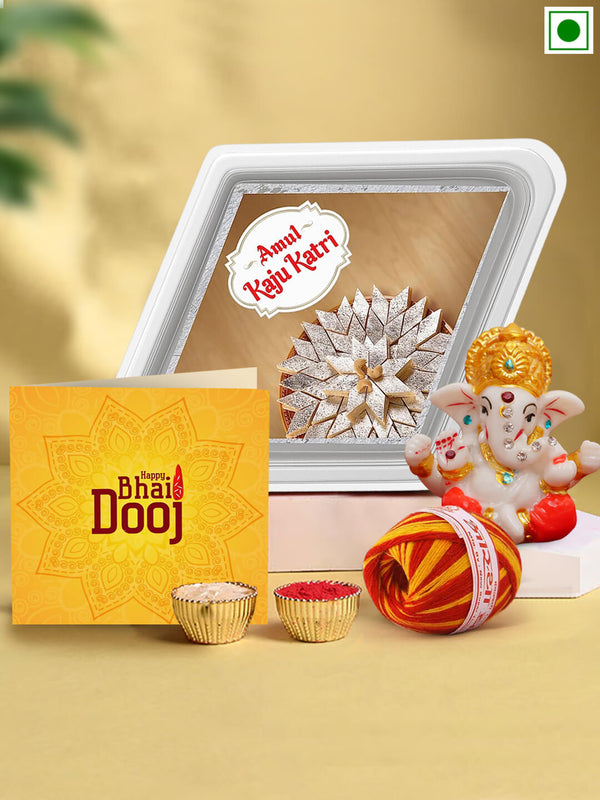 Bhai Dooj Combo Gifts for Brother with a pack of kaju katli and ganesha idol