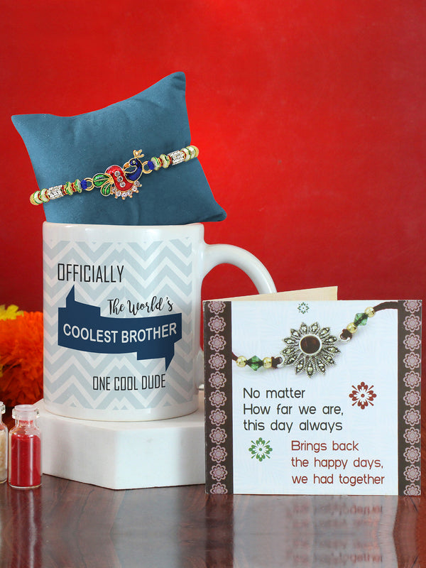 Peacock Rakhi for Brother with Coolest Brother Printed Coffee Mug, Rakhi Card and Roli Chawal