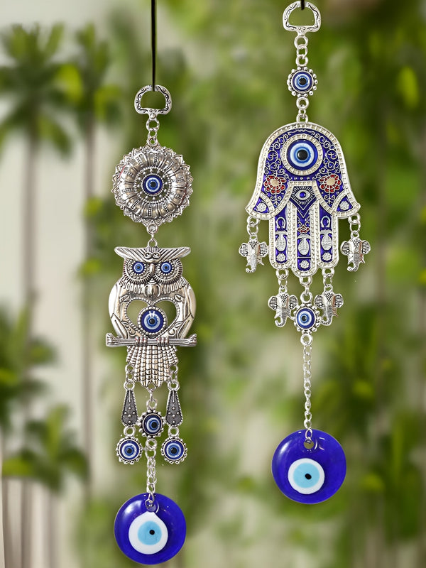 Blue 2-pcs Owl & Tree Of Life Evil Eye Metal Wall Hangings