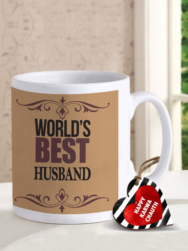 White & Beige Colored Printed Cup With Tag Gift Set