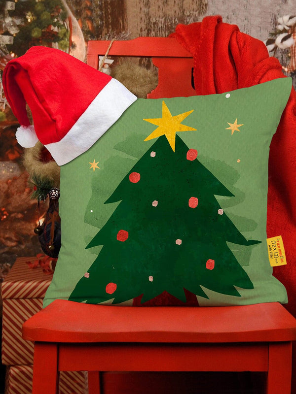 Green Christmas Printed Cushion Cover With Filler & Santa Cap