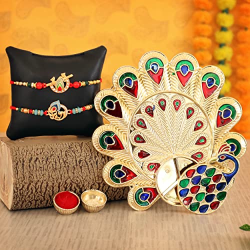 Rakhi for Brother Set of 2 | Mini Greeting Card | Pooja Thali Plate | Roli Chawal Tika - Rakhi Bracelet for Brother | Rakhi Gifts for Brother | Rakhi Thread