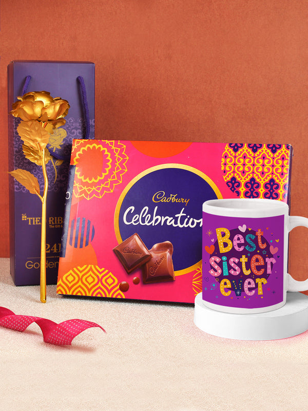 Rakhi Return Gift for Sister - Chocolate Box with Artificial 24k Gold Rose and Printed Coffee Mug