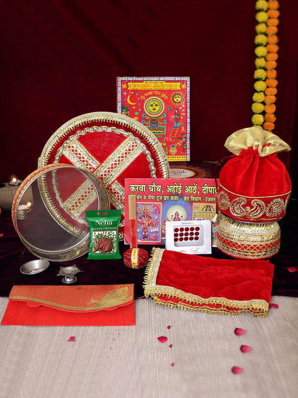 Red Karwachauth Thali Set With Cover & Pooja Samagri