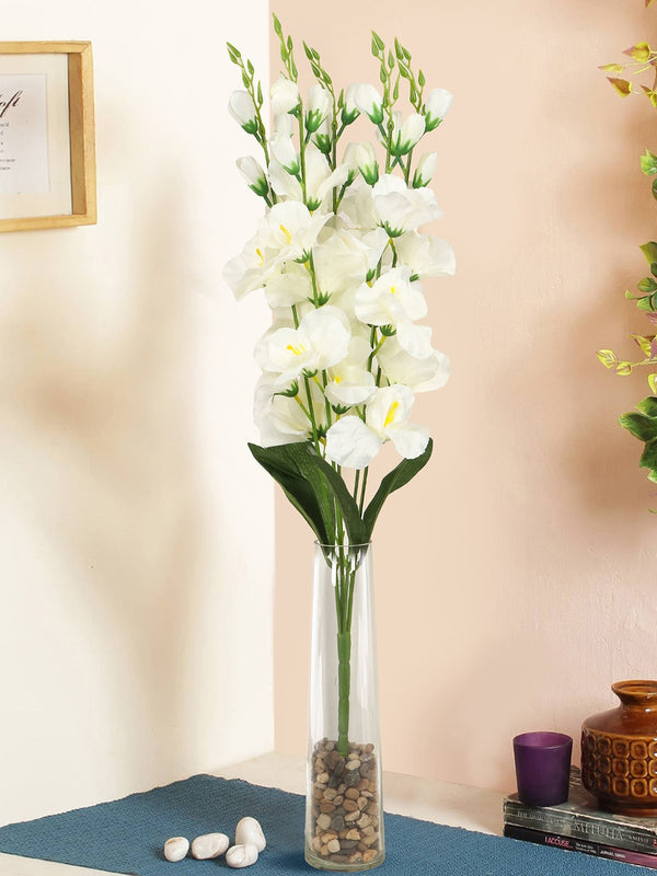 White and Green Artificial Flower Bunch with Glass Vase