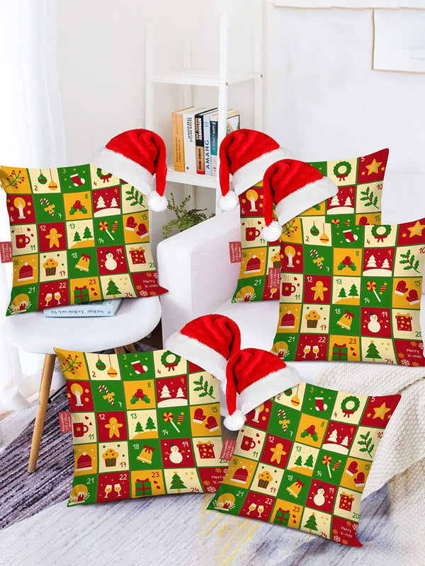 Red & Green Set of 5 Geometric Square Cushion Covers