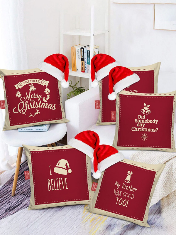 Set Of 5 Printed Christmas Square Cushion Covers & Santa Caps