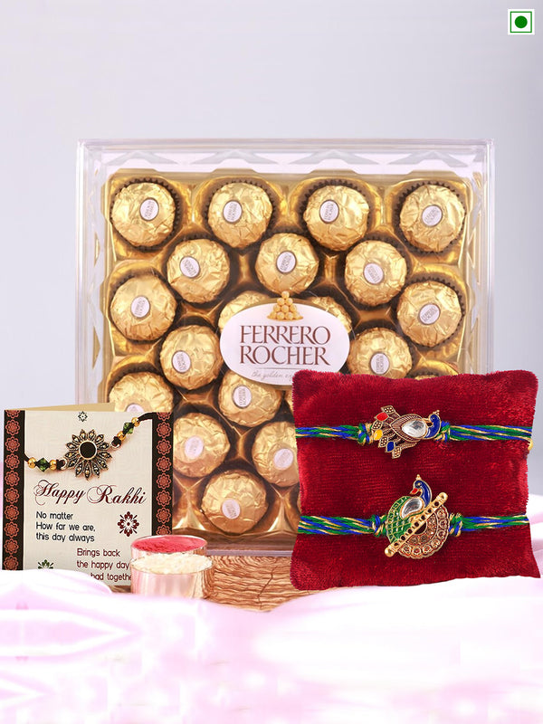 Pack of 2 Peacock Rakhi | Ferrero Rocher Chocolate (24 pcs) | Rakhi Card & Roli Chawal