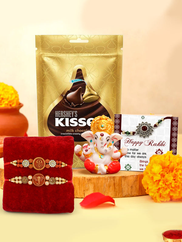 Set of 2 Designer Rudraksh Rakhi for Brother Bhaiya with Hershey's Kisses Chocolates Pack and Mini Ganesh Idol
