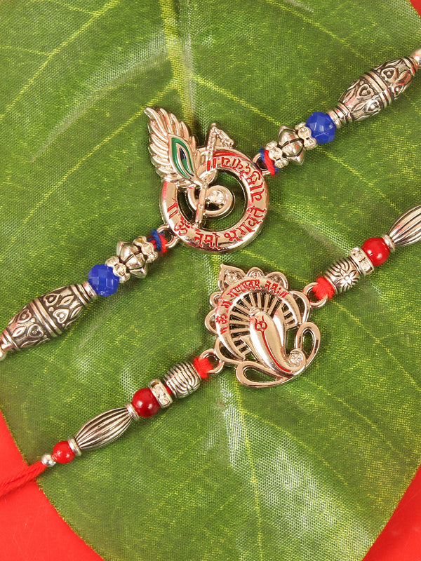 Rakhi for Brother Set of 2 - Silver Ganesh Rakhi for Brother Men Bhaiya Kids Boys with Greeting Card and Tikka - Bracelet