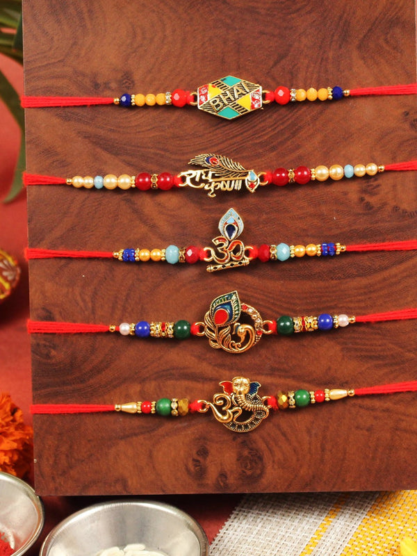 Rakhi for Brother Set of 5 - Traditional Rakhi for Men Brother Bhaiya Kids Boys with Greeting Card and Tikka - Rakhi Bracelet for Brother