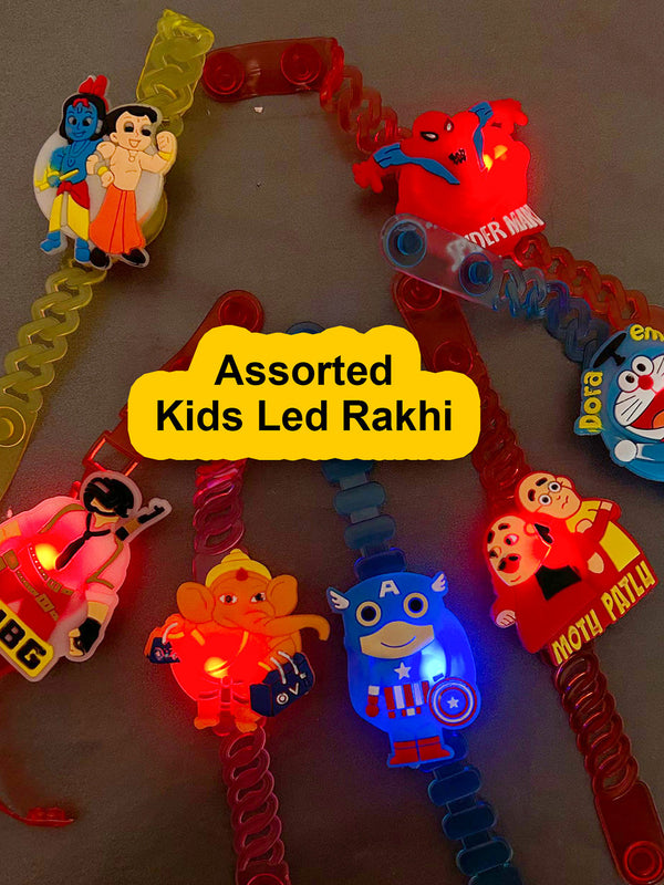 Set of 3 Led Lights Kids Rakhi  (Assorted) + 1 Card + Roli Chawal