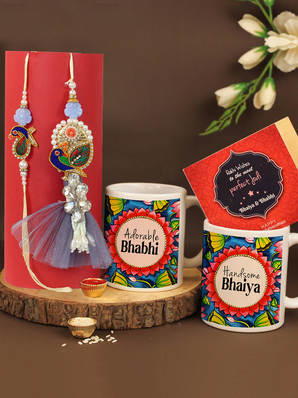 Designer Bhaiya-Bhabhi Peacock Rakhi With 2 Pcs Printed Coffee Mug
