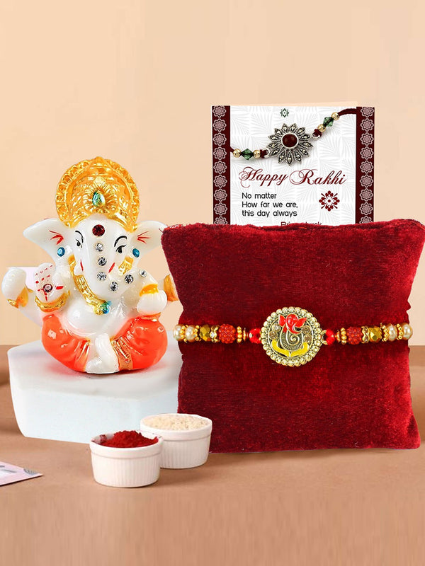 Rakhi for Brother with Ganesha Idol & Roli Chawal Combo Gift Pack