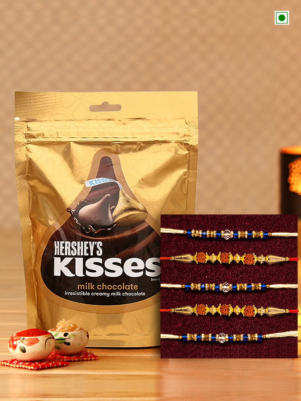 Set Of 5 Stone Studded & Beaded Rakhi With Hersheys Kisses Chocolate Gift Set