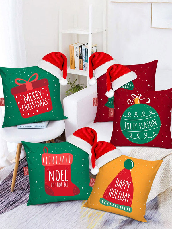 Multicoloured Set of 5 Printed Square Cushion Covers With Santa Caps Gift Set