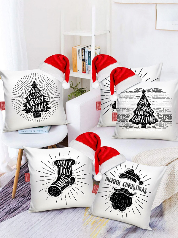 White & Black Set of 5 Square Cushion Covers with Santa Cap