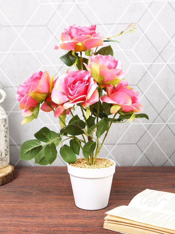 Peach & Green Rose Flowers & Plant With Ceramic Vase