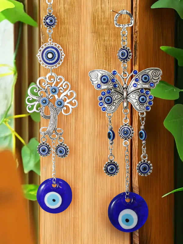 Blue & White 2-pcs Turkish Butterfly & Tree of Life Evil Eye Wall Hanging