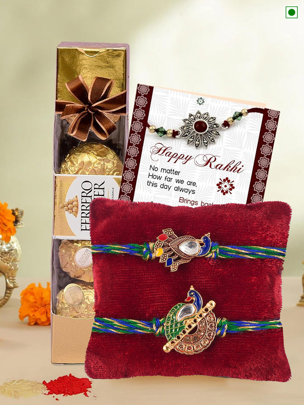 Rakshabandhan Rakhi Ferrero Rocher Chocolate 4 Pcs Card & Roli Chawal Tika
