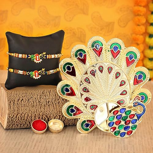 Raksha Bandhan Rakhi for Brother Set of 2 | Peacock Shape Kumkum Holder Mini Pooja Thali Plate | Greeting Card | Roli Chawal Tika - Rakhi Bracelet for Brother | Rakhi Gifts for Brother