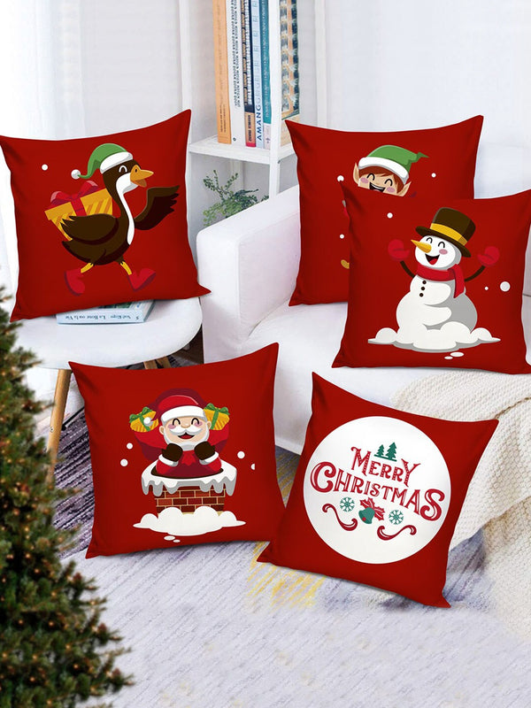 Multicoloured Set of 5 Merry Christmas Printed Square Cushion Covers size (16"X16")