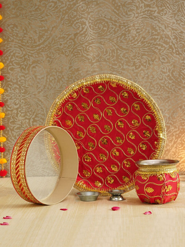 Red & Gold-Toned Decorated Karwachauth Pooja Thali Set
