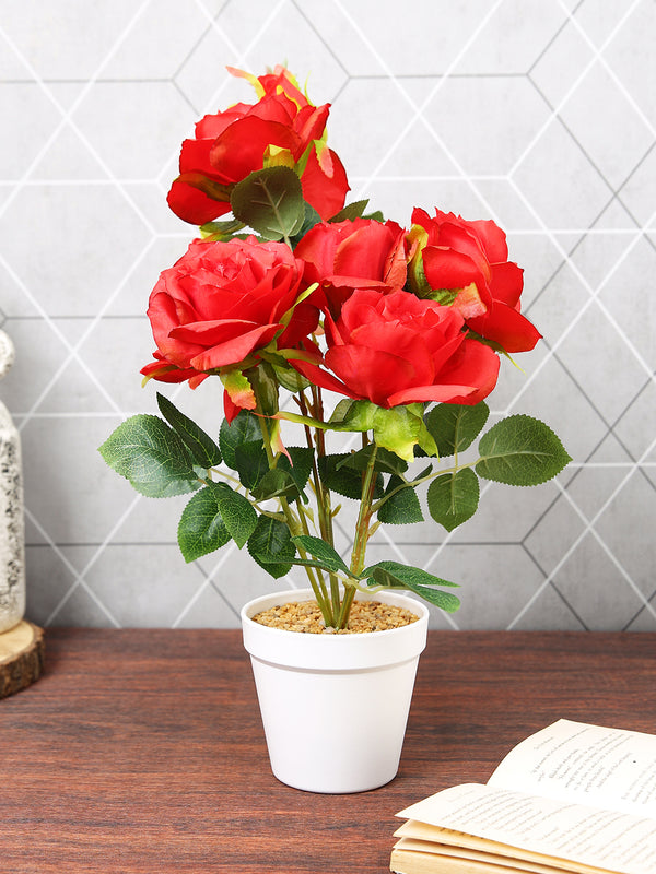 Red & Green Rose Flowers & Plant With Ceramic Vase