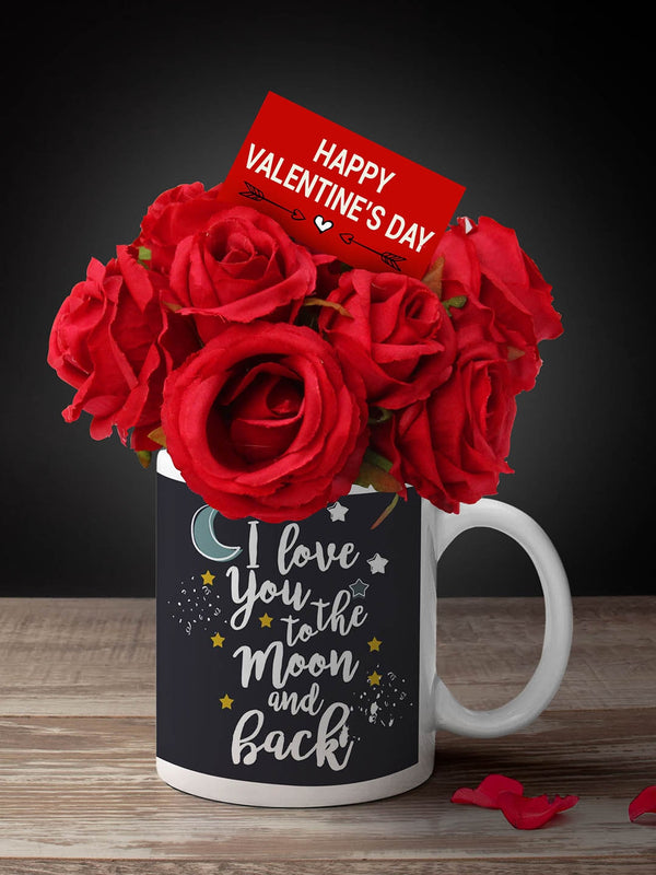 Valentine Gifts Set of 12 Artificial Red Rose Flower Bunch with Mug & Card