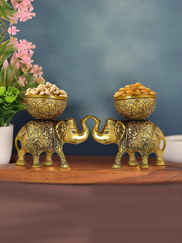 Gold-Toned 2 Pieces Matte Elephant Dry Fruit Serving Bowl