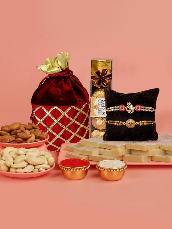 Set of 2 Premium Rakhi with Kaju Katli, Almonds, Cashew and Ferrero Rocher Chocolates (4 pcs) Pack