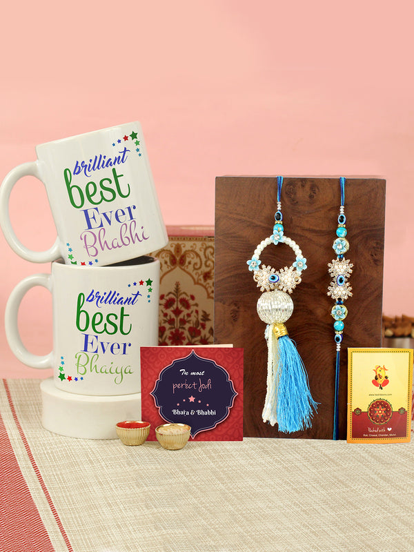 Bhaiya-Bhabhi Designer Rakhi with Gift (Set of 2 Mug) | Rakhi Card | Roli Chawal Tika