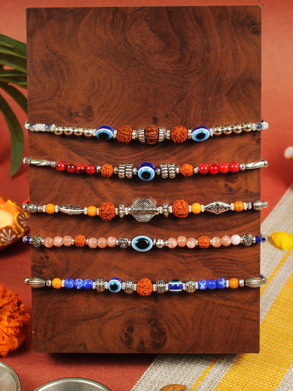 Rakhi for Brother Set of 5 - Traditional Rudraksha Evil Eye Rakhi for Men Brother Bhaiya Kids Boys with Greeting Card and Tikka - Rakhi Bracelet for Brother