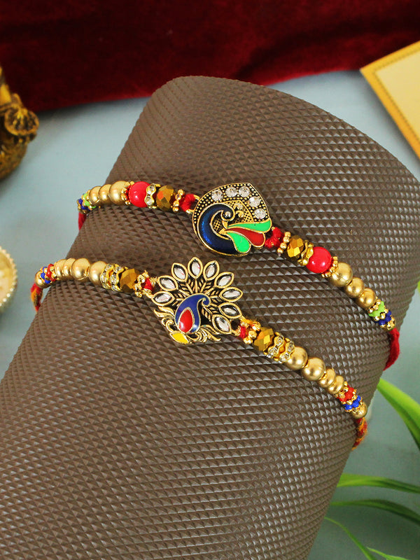 Set of 2 Rakhi for Brother with Greeting Card and Roli Chawal Tika
