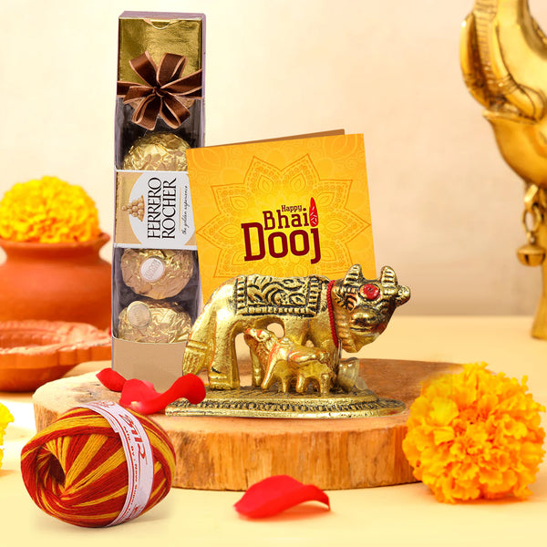Bhai Dooj Combo Gifts (Metal Cow with Calf) for Brother with Ferrero Rocher Chocolates, Kalawa & Roli Chawa