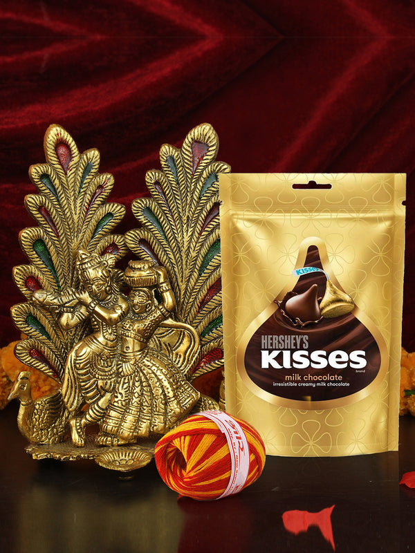 Bhai Dooj Combo Gifts (Metal Radha Krishna Idol) for Brother with Hershey's Kisses Chocolate, Kalawa & Roli Chawa