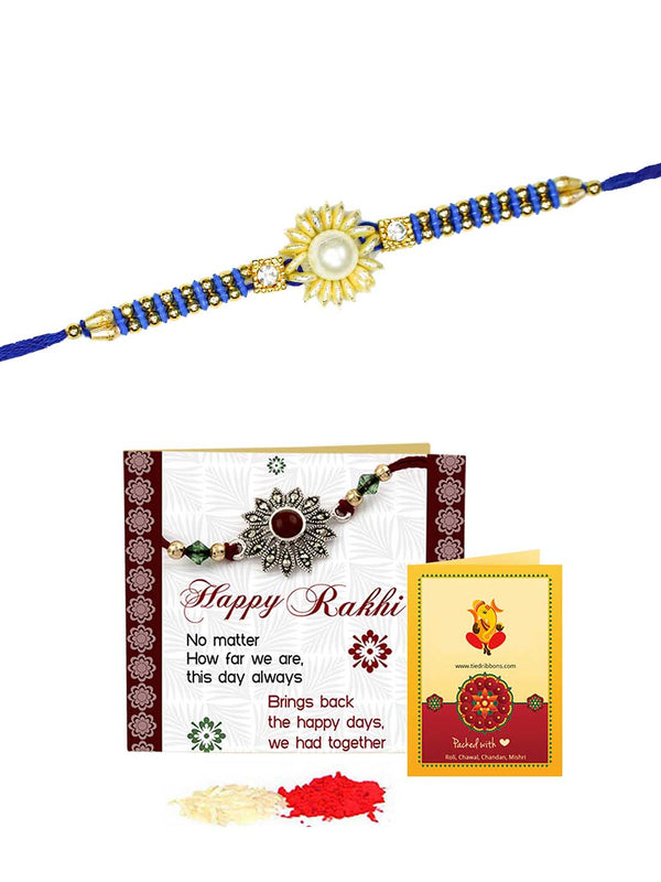 Designer Blue Stone Rakhi with Rakhi Card & Roli Chawal